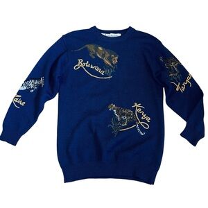JH Collectibles Women’s Sz L VTG Blue Cats Sweater 80s Embroidered Leopard